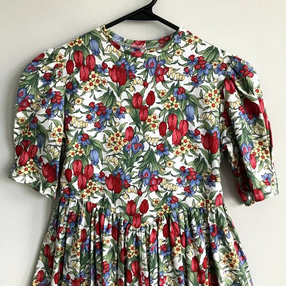 Vintage Just Ducky Dress Red Tulips Blue Yellow Floral Short Sleeve Girl's 10 - Picture 2 of 8